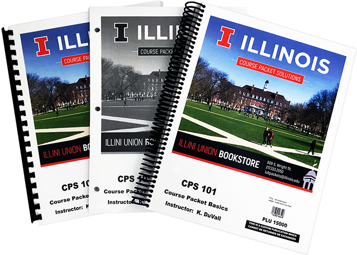 Image of 3 styles of course packets, first shows coil binding, second shows three hole drill and third shows spiral binding.  All have white covers with a campus scene printed on top.